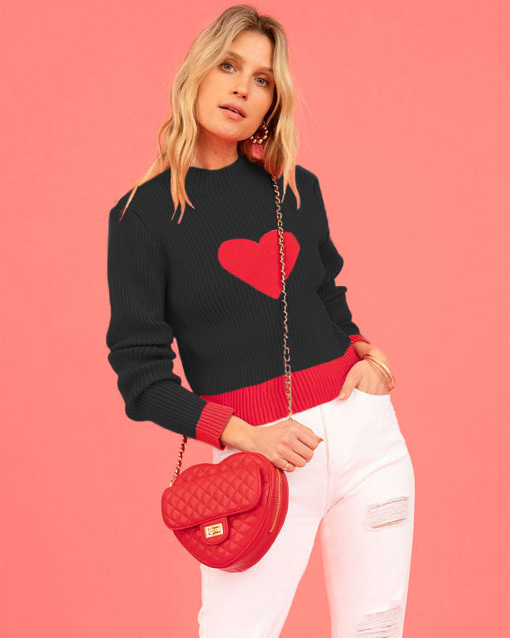 Cross-border European and American women's clothing  Valentine's Day 2025 hot sale autumn and winter turtleneck color matching love peach slim sweater