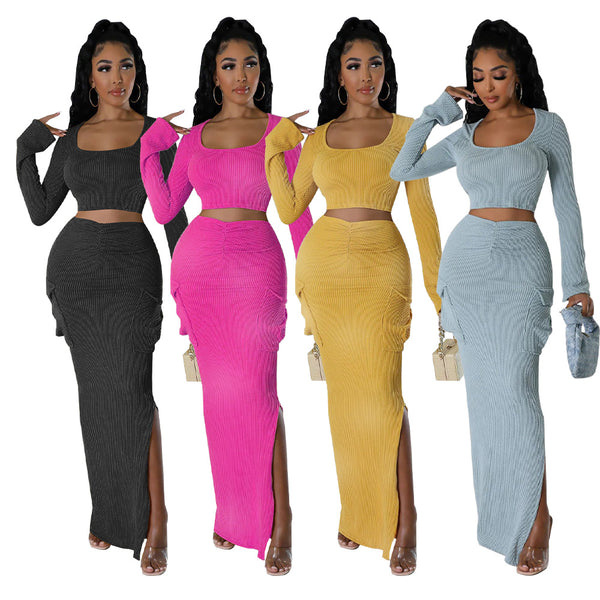 K10658 European and American  fashion women's clothing 's new pit strip printing pleated side pocket split skirt set