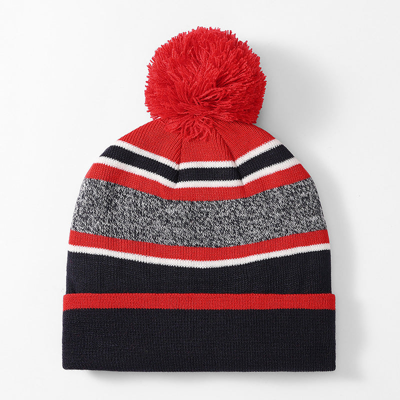 Aozhe, children's autumn and winter wool hats, boys and girls striped hairball warm knitted hats, European and American Christmas gifts