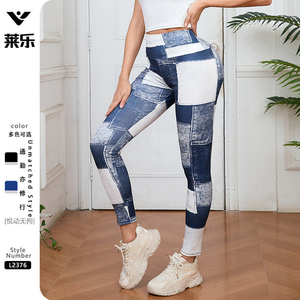 European and American imitation denim plaid peach print trousers yoga fitness trousers sports high waist hip lift tight