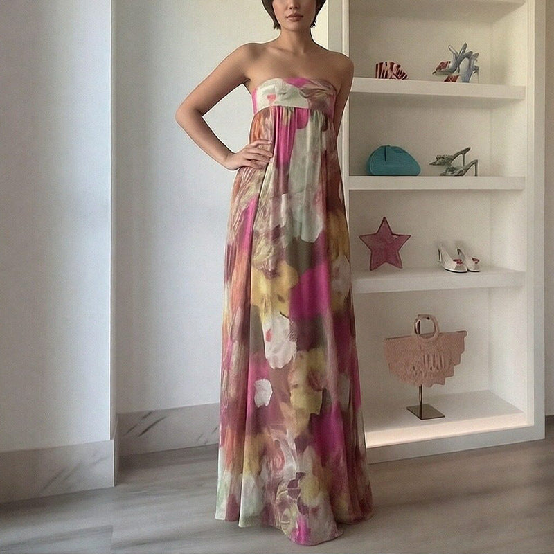 women's summer dress - european and american export fashion, trendy vacation style printed bandeau backless dress