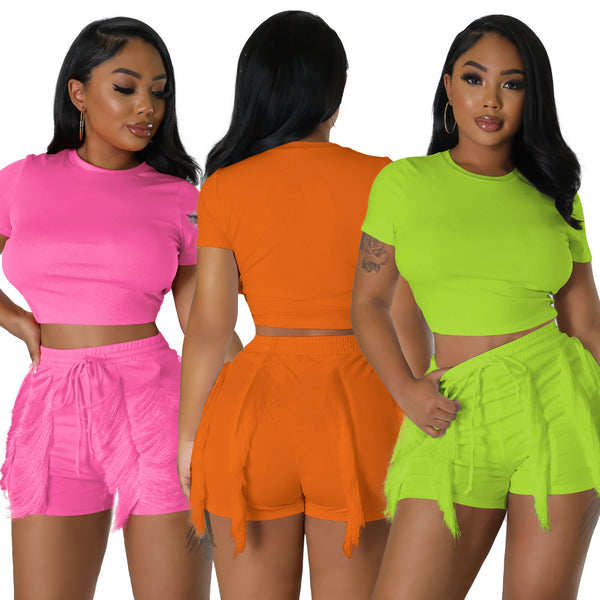 YD8729-A7 special products are non-refundable and non-exchangeable. European and American women's clothing is fashionable and casual, and a solid color tassel two-piece set.