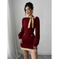French ruffle trim heavy velvet mini dress - women's autumn/winter  retro style with gold buckle detail, slim fit