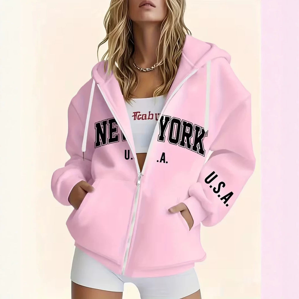 hot-selling plus-size women's zip-up hoodie, new casual long-sleeve hooded sweatshirt jacket, dropshipping available
