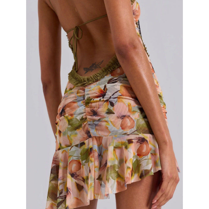 y2k cutout sexy print spaghetti strap mini dress backless sleeveless bodycon women's beach dress