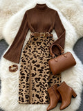 cross-border fashion women's elegant commute round neck flare long sleeve coffee leopard print midi skirt set