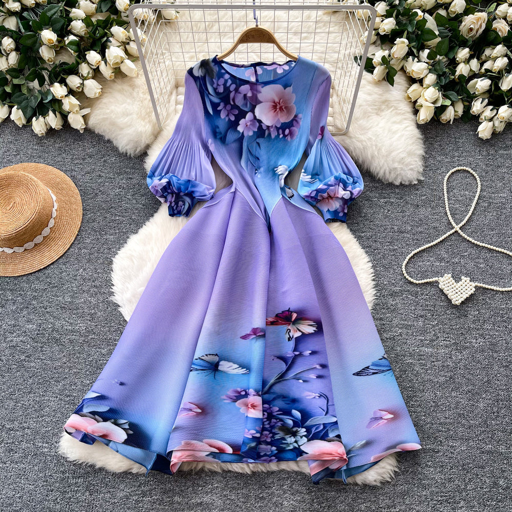 French romantic floral print dress - women's spring long sleeve slim fit a-line maxi dress - elegant, chic, and youthful