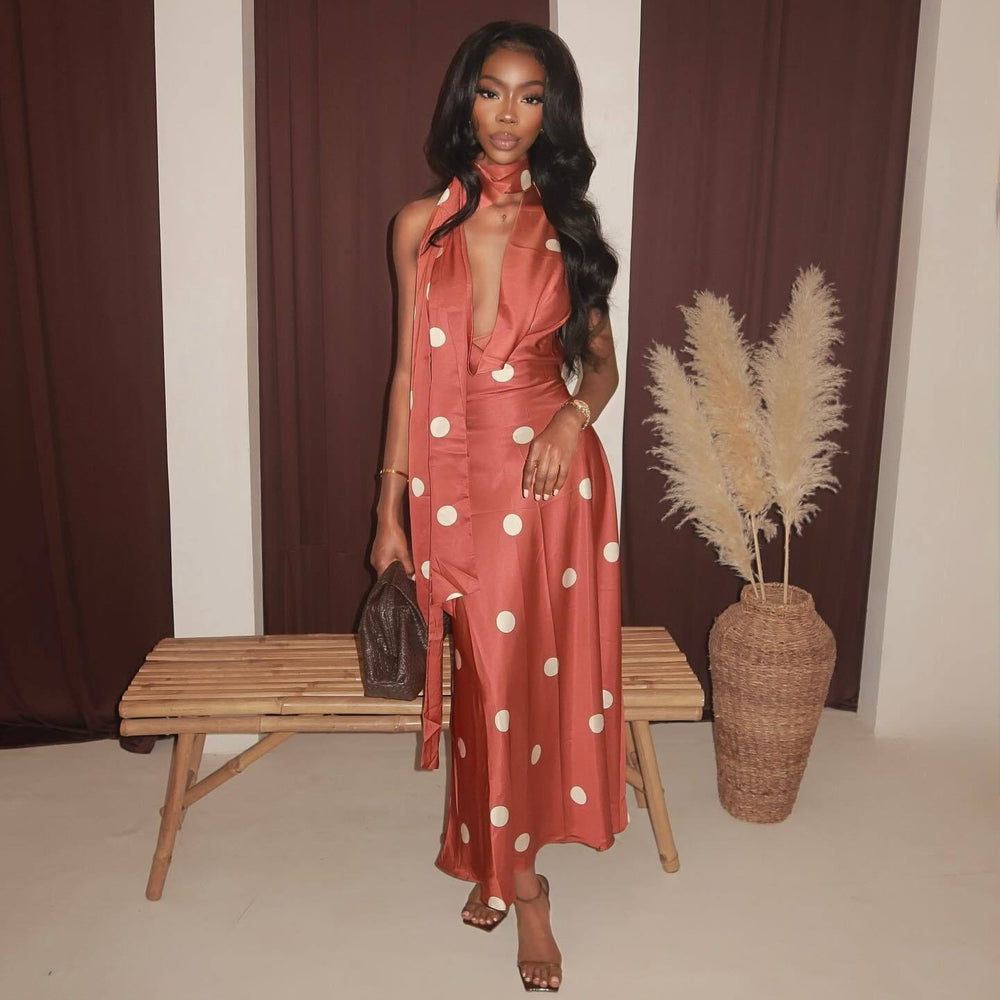 European and american cross-border women's fashion  summer new sexy chic polka dot choker slim fit long sleeveless dress