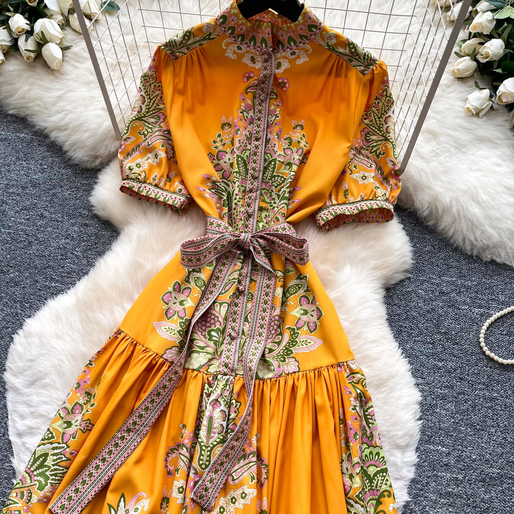 Vintage print tie-waist short sleeve elegant dress - women's summer high-waisted a-line dress - slimming, figure-flattering, work-ready maxi dress
