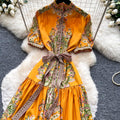 Vintage print tie-waist short sleeve elegant dress - women's summer high-waisted a-line dress - slimming, figure-flattering, work-ready maxi dress