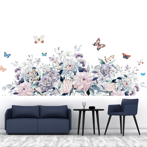 Watercolor flower skirting decorative sticker rose butterfly wall sticker sofa bedroom background store beautification wall sticker