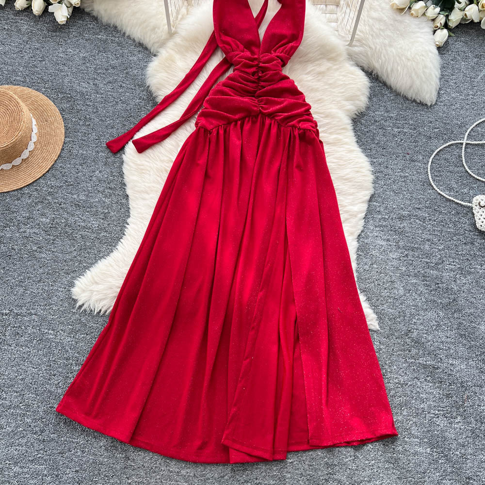 Red dress women's  summer atmosphere deep v neck halter suspender waist elegant slit backless long skirt