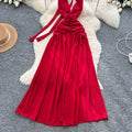 Red dress women's  summer atmosphere deep v neck halter suspender waist elegant slit backless long skirt