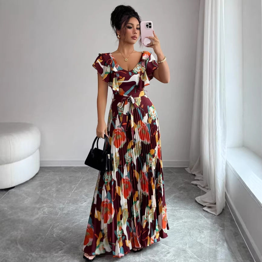 new fashion european and american style printed pleated maxi dress
