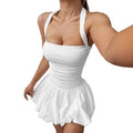 cross-border halter neck tie sexy bubble ruffle waist mini dress for women