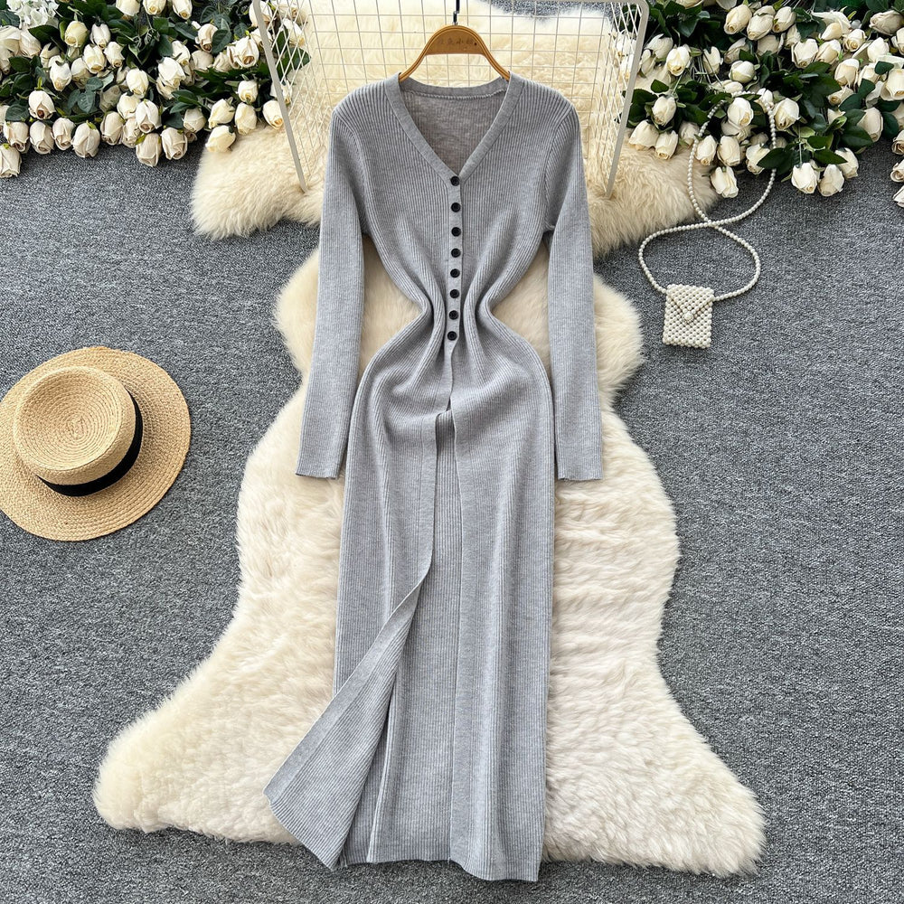 Korean style minimalist v-neck single-breasted slit knit dress - women's autumn outerwear, slim-fit, long-sleeve cover-up dress