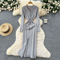 Korean style minimalist v-neck single-breasted slit knit dress - women's autumn outerwear, slim-fit, long-sleeve cover-up dress