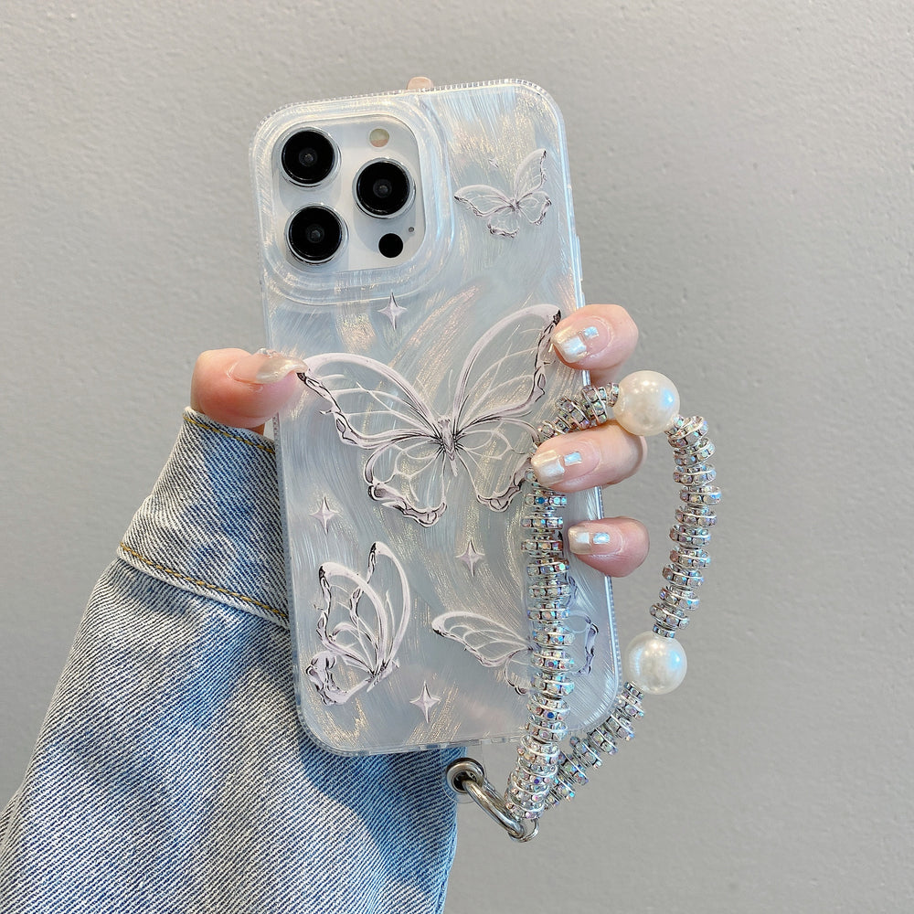 Premium feather yarn iphone 16 pro silver butterfly phone case, apple 12 hard case, 14 chain protective cover