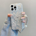 Premium feather yarn iphone 16 pro silver butterfly phone case, apple 12 hard case, 14 chain protective cover