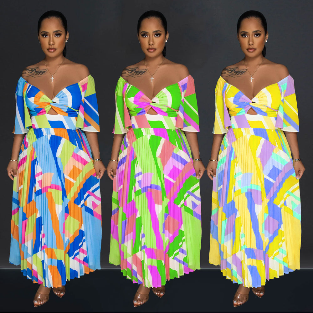 C6879 cross-border   fashion women's sexy printed backless pleated maxi dress