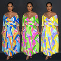 C6879 cross-border   fashion women's sexy printed backless pleated maxi dress