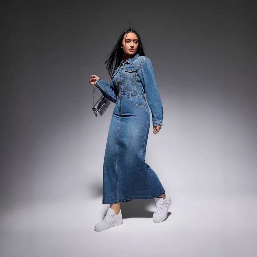 European and american new arrival cross-border women's clothing   long sleeve lapel button slit long fashionable dress for women