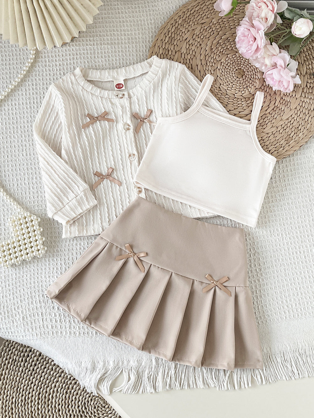cross-border korean style girls' & toddler's preppy bow cardigan solid color camisole + a-line pleated skirt three-piece set