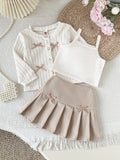 cross-border korean style girls' & toddler's preppy bow cardigan solid color camisole + a-line pleated skirt three-piece set