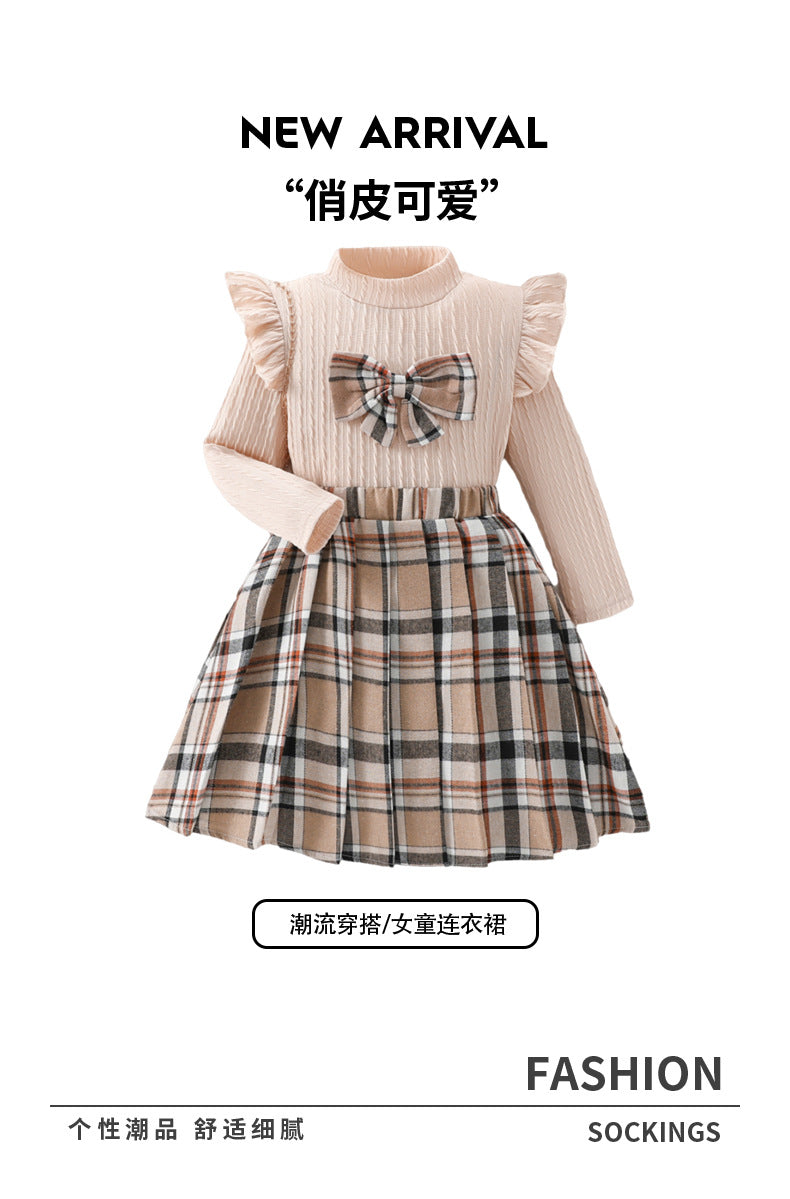 Autumnexportgirlknittingsweatshirtlong sleevesstripessuit skirt european plaid skirt kidstwo-piece setpleated skirt