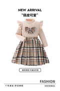 Autumnexportgirlknittingsweatshirtlong sleevesstripessuit skirt european plaid skirt kidstwo-piece setpleated skirt