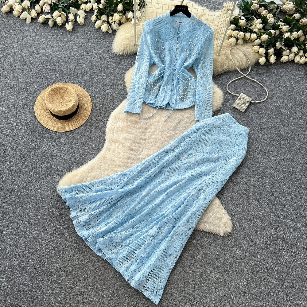 French chic beaded v-neck lace two-piece set - women's summer commute style, slim fit, high-end elegant outfit