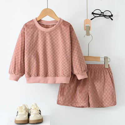 spring/autumn new checkered pullover hoodie & loose long-sleeve t-shirt shorts two-piece casual fashion set