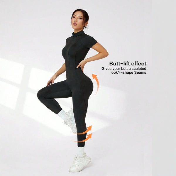Pre-sale  new black turtleneck hip lift front zipper yoga onesie slim slim onesie