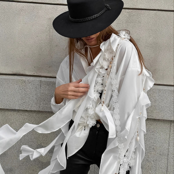 Cross-border new 2025 autumn punk rock cascade ruffle edge streamer lace white shirt female personality