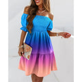european and american independent station  new arrival short sleeve one-line collar waist pleated printingdress