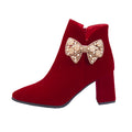 Boots women's outwear 2024 fall and winter style pointed thick heel xiuhe red bridal shoes suede short boots wedding shoes