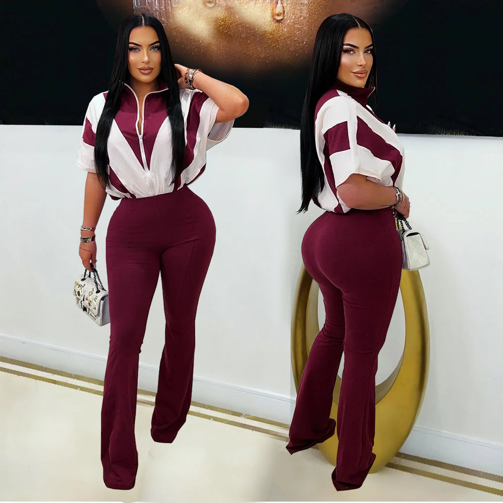 C7306 cross-border   fashion women's casual slim-fit activewear short sleeve top and pants set - new