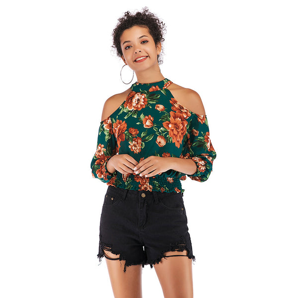 wish   European and American retro one-word shoulder top off-the-shoulder suspender printed shirt women