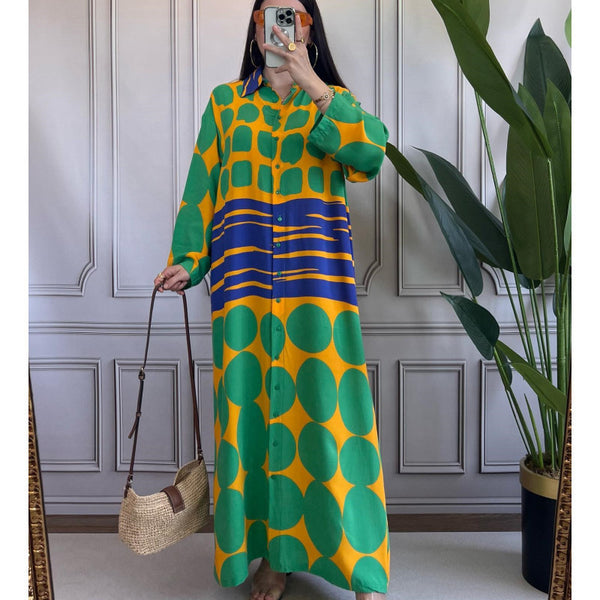 European and American  spot 2024 new loose fashion casual positioning printed cardigan dress large size women's long dress