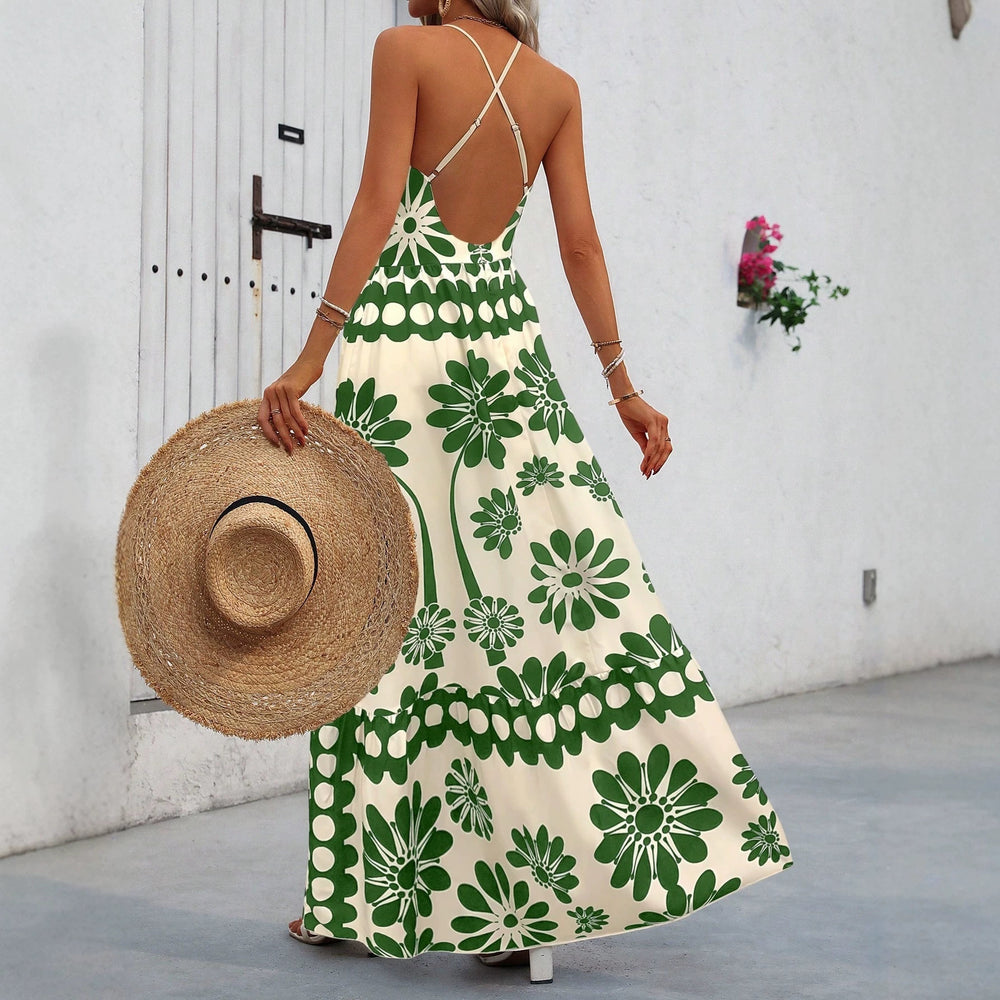 European and american cross-border foreign trade short-sleeved wholesale new printed suspender long skirt vacation style backless