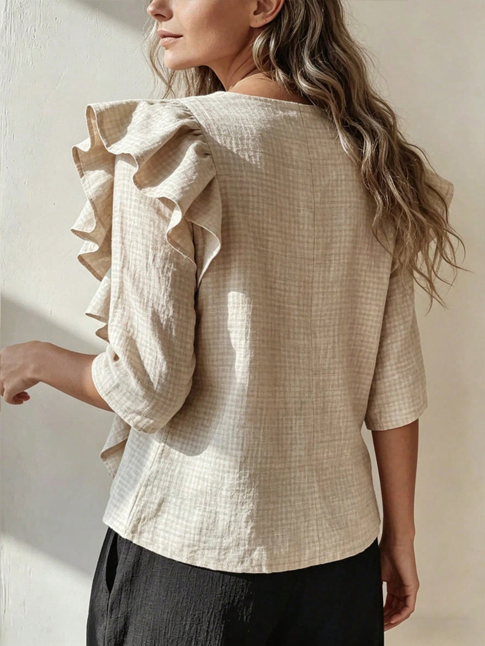 exclusive supply to europe and the us:  summer french ruffle plaid shirt, v-neck, loose fit, mid-sleeve cotton linen top