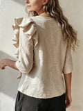 exclusive supply to europe and the us:  summer french ruffle plaid shirt, v-neck, loose fit, mid-sleeve cotton linen top