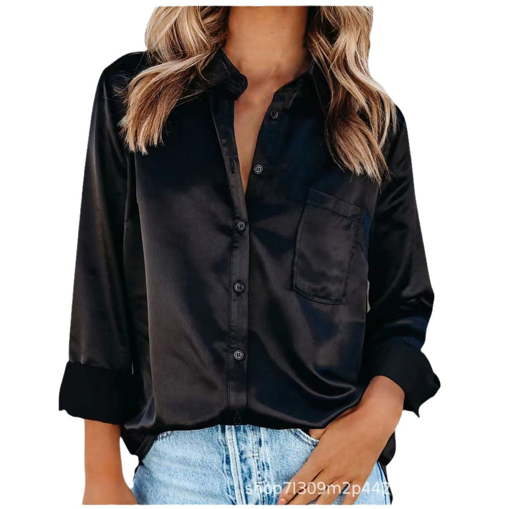 spring/summer solid color long-sleeve blouse: elegant commute style with turn-down collar, european and american fashion solid color cardigan, satin shirt