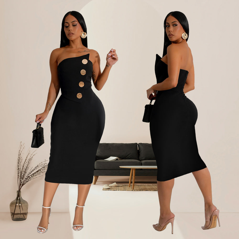 C7326 cross-border   fashionable women's sexy bandeau button-embellished dress - hot seller in europe and the us