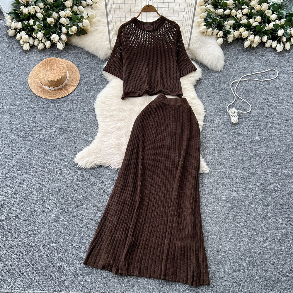 Summer outfit set for women: korean style, age-reducing, hollow-out short-sleeve knit top and high-waisted slimming midi skirt two-piece set