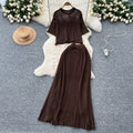 Summer outfit set for women: korean style, age-reducing, hollow-out short-sleeve knit top and high-waisted slimming midi skirt two-piece set