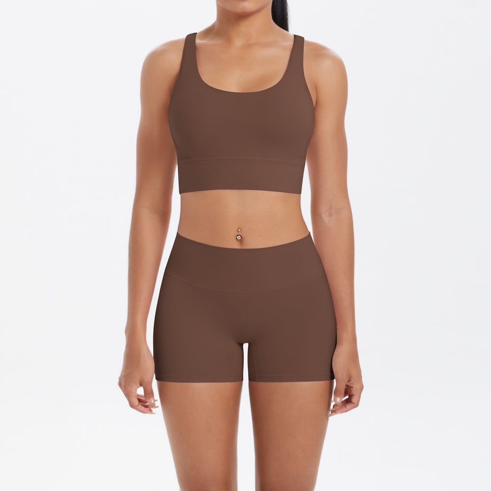 Fashion cross-border nude brushed cross back bra casual sports hip lifting shorts fitness yoga wear two-piece set