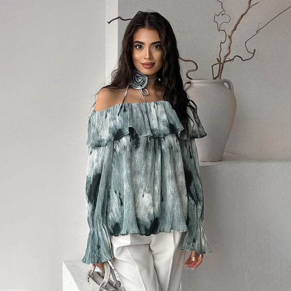 Ink splashing national style lotus leaf edge top 2025 spring high-end printing and dyeing one-word neck horn sleeve pullover shirt women's clothing