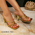Huizhou women's high heel sandals gold special shaped heel square toe slip-on women's shoes fashion evening party high heel sandals women