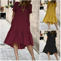 cross-border solid color crew neck short sleeve cotton pullover ruffle hem midi dress for women